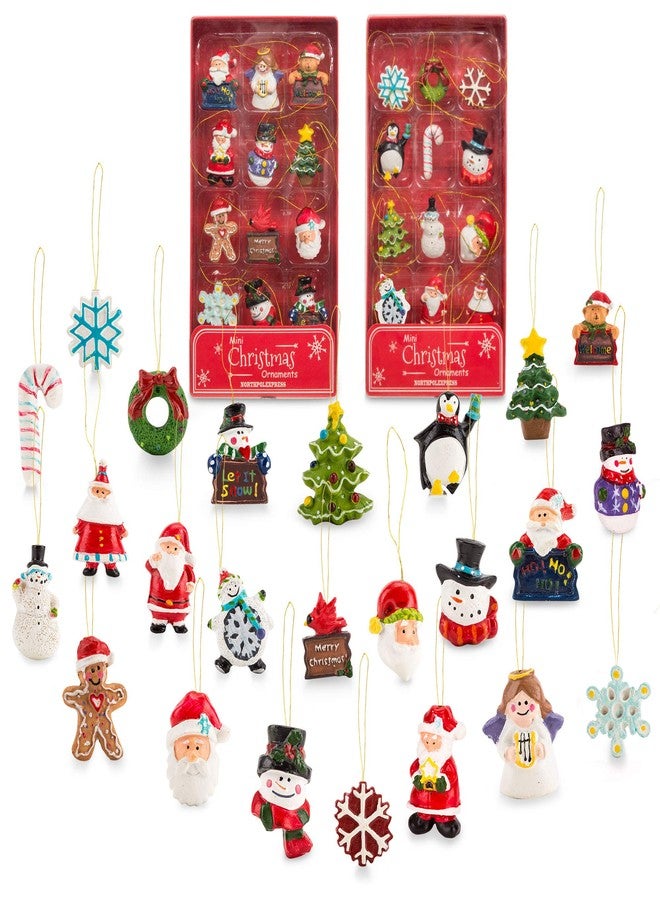 NorthPoleXpress Mini Resin Christmas Ornaments Set of 24 - Rustic Christmas Decorations - Small Miniature Christmas Tree Ornaments - Santa Snowman Gingerbread Angel - Tiny Christmas Tree Decorations with Gift Box! - Image 1
